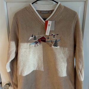 Croft & Barrow NWT Embroidered fleece sweater Winter Scene Cottagecore Small